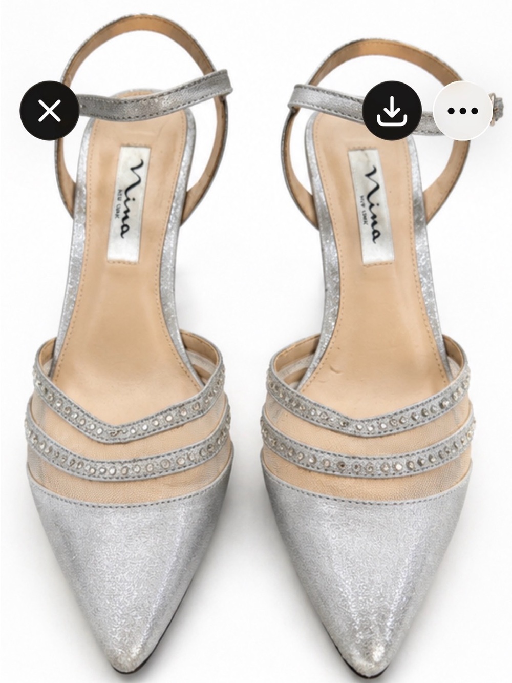 Nina Silver Glitter Pointed Toe Strappy Sandals, Kitten Heels